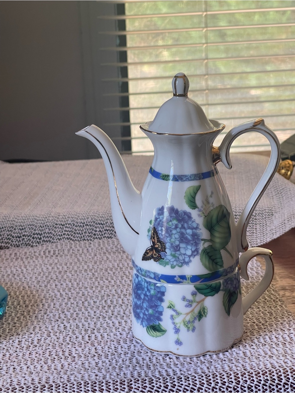 Vintage Porcelain Tea/Coffee Pot with Hydrangea & Butterfly Motif